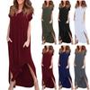 Damen V-Ausschnitt Casual Sommer Strand Langes Kleid Kurzarm Split Loose Maxikleid mit Tasche