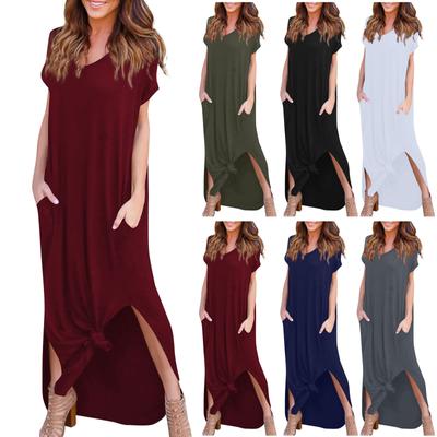 Women's V Neck Casual Summer Beach Long Dress Short Sleeve Split Loose Maxi Dress With Pocket