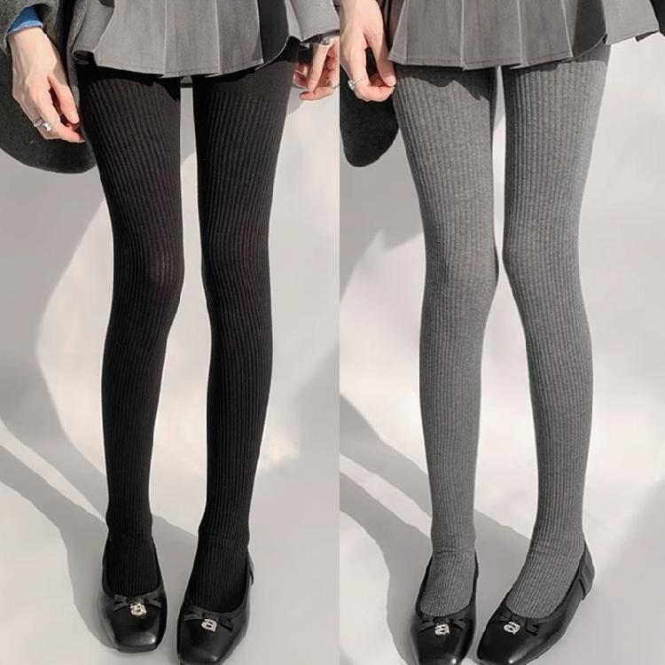 Women Solid Color Thicken Cotton Pantyhose Ribbed Knit Striped Sweater Tights