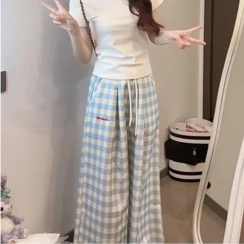 Korean Style Light Blue Plaid Embroidered High-Waisted Wide-Leg Pants