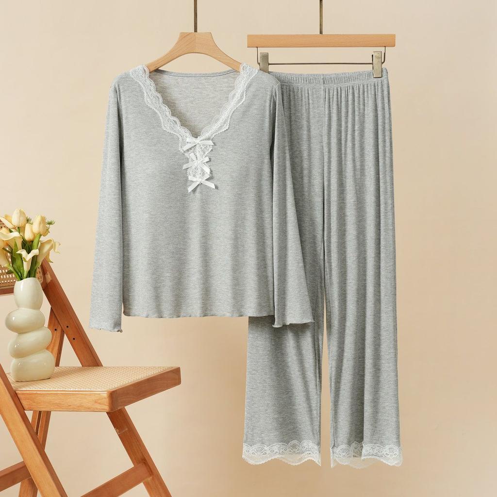 Women Suits Sets Lace-Trimmed Padded Nightgown Set with Short-Sleeve Top and Long Pants for Women Pants Two-piece Oversize 2PC Suit