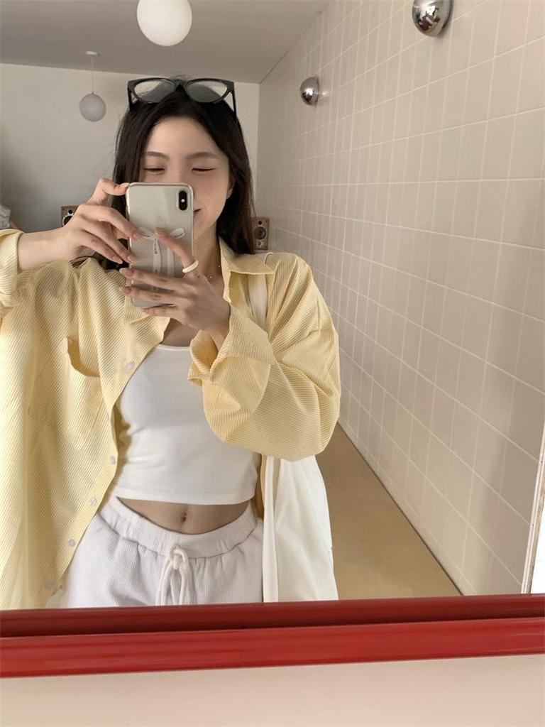 Korean Style Yellow Striped Long Sleeve Mid-Length Shirt Jacket for Women