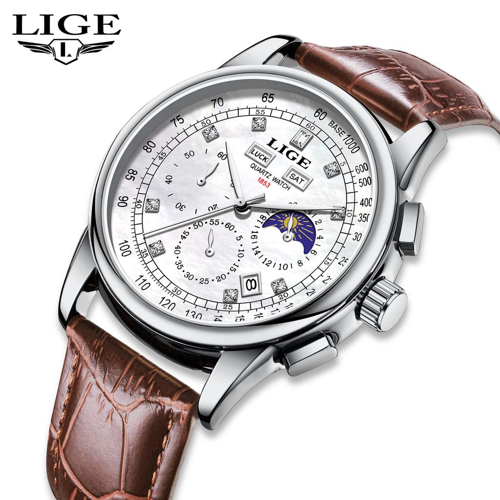 LIGE Fashion Man Watch Top Brand Luxury Leather Casual Quartz Men's Watches Sport Waterproof Clock Watch Date Week Moon Phase