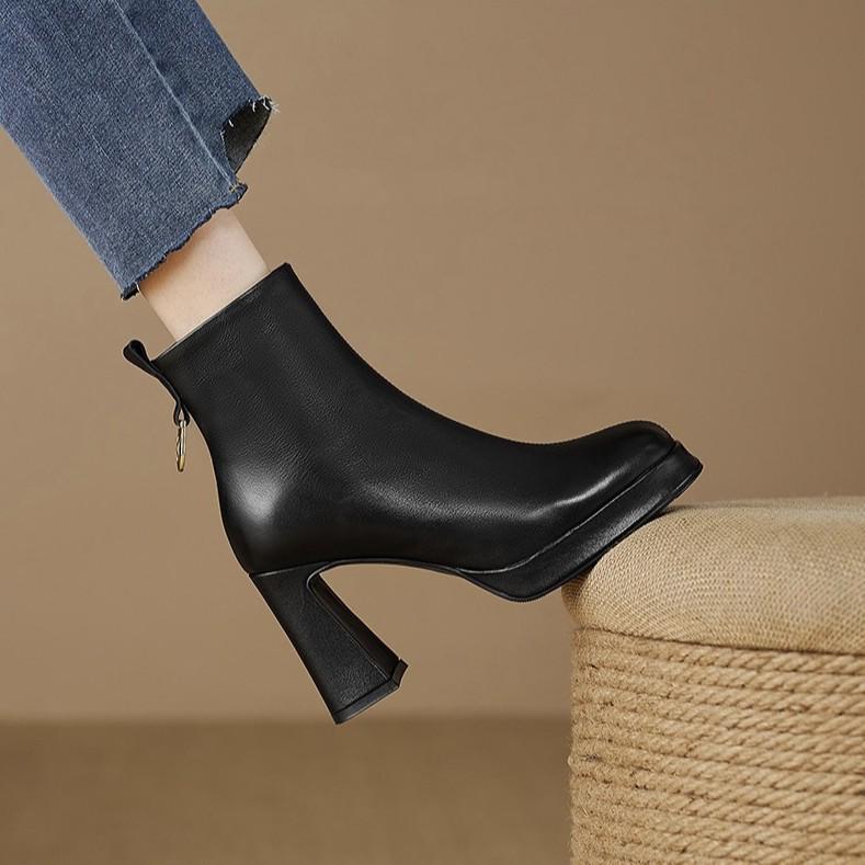 Square Toe Chunky High Heel Women's Boots - Genuine Leather Platform Ankle Boots for Spring & Autumn