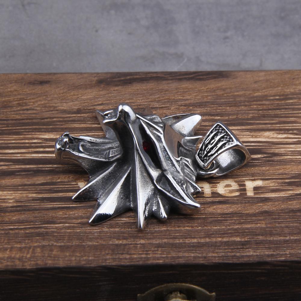 Stainless Steel Viking Necklace Wizard 3 Wild Hunt Pendant Geralt Wolf Head Jewelry with Wooden Box Gift