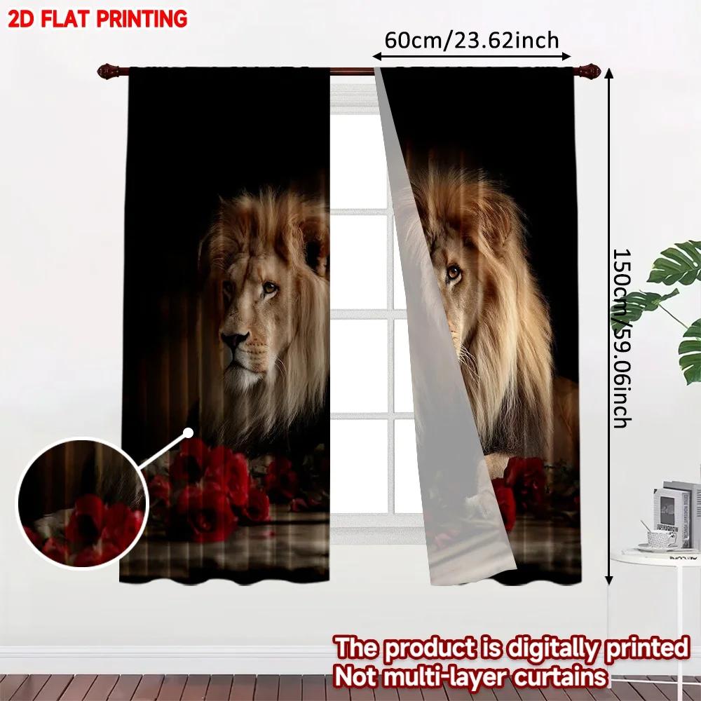 Set Of 2 Lion Red Roses Curtains Digital Printing Majestic Animal Portrait Dark Background Bedroom Living Room Decor Curtain Polyester Ideal For Great