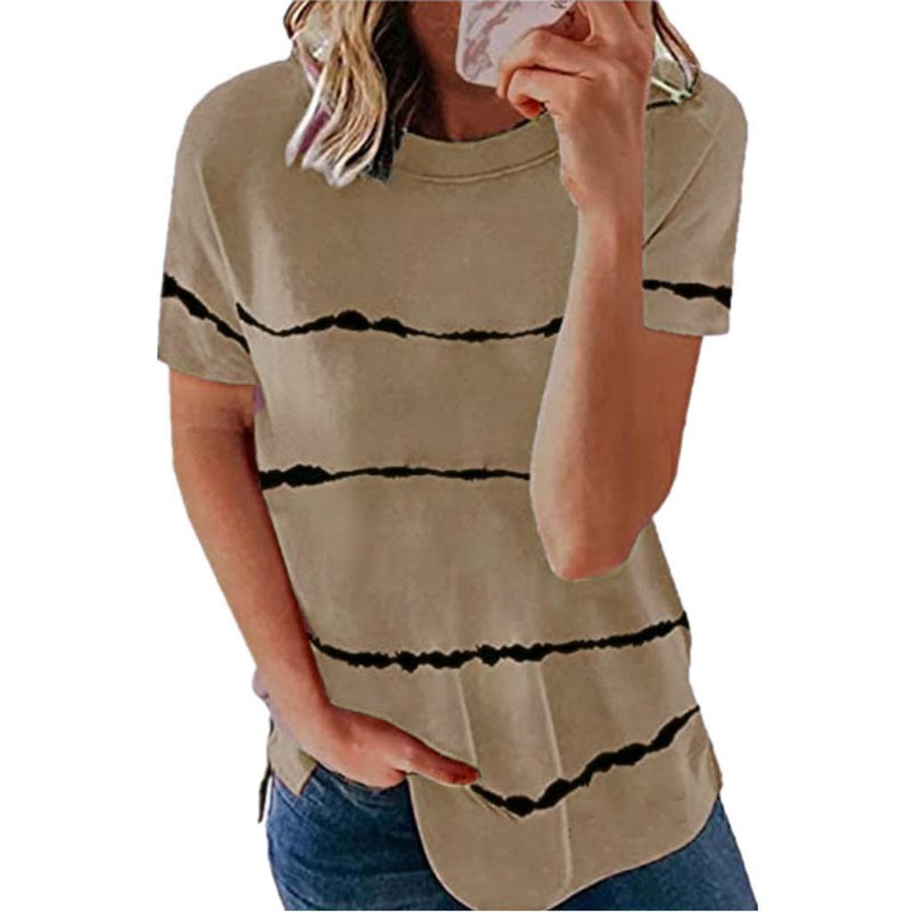 Fashion Women's Loose Short Sleeve T-shirt Round Neck Stripe Print Tops