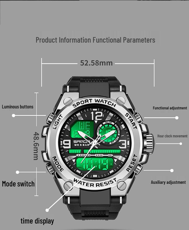 Sanda 6024 Outdoor Sports Shockproof Waterproof Luminous Watch - Unisex Multifunctional Electronic Watch