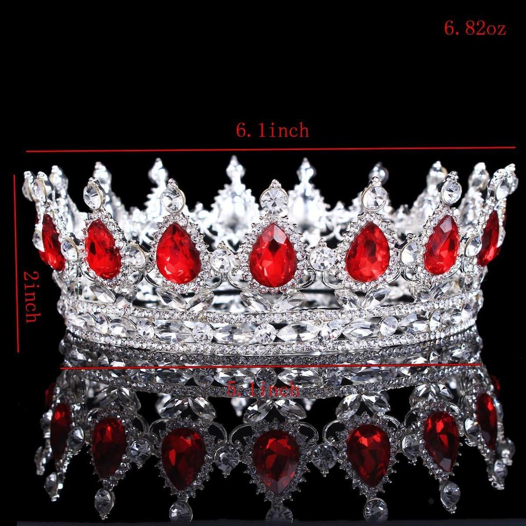 2" Height Silver/Gold Plated Crystal Rhinestone Ruby Full Circle Tiara Crown Bridal Wedding Jewelry Hair Accessories (Silver+red)