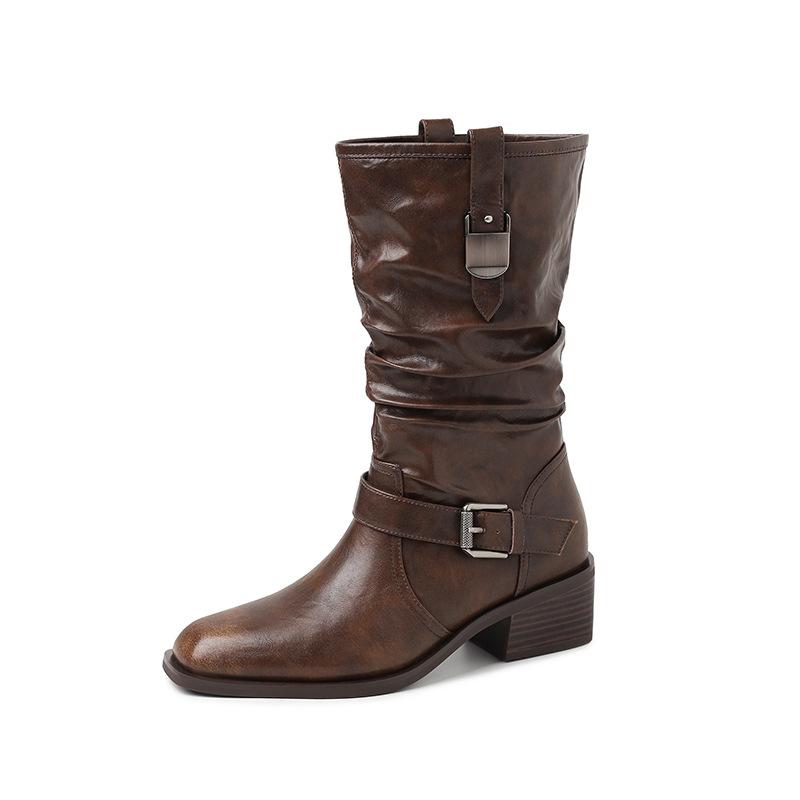 Belt Buckle Western Cowboy Boots Women's 2025 New Brown Short Boots Soft Leather Medium Tube Riding Boots Thick Heel Martin Boots