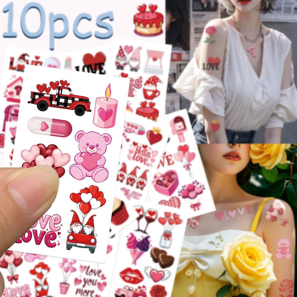 10 Blätter Rosa Valentinstag Tattoo-Aufkleber für Gesicht, Arm und Körper, temporäre wasserdichte dekorative Tattoo-Aufkleber, kreative Geschenke