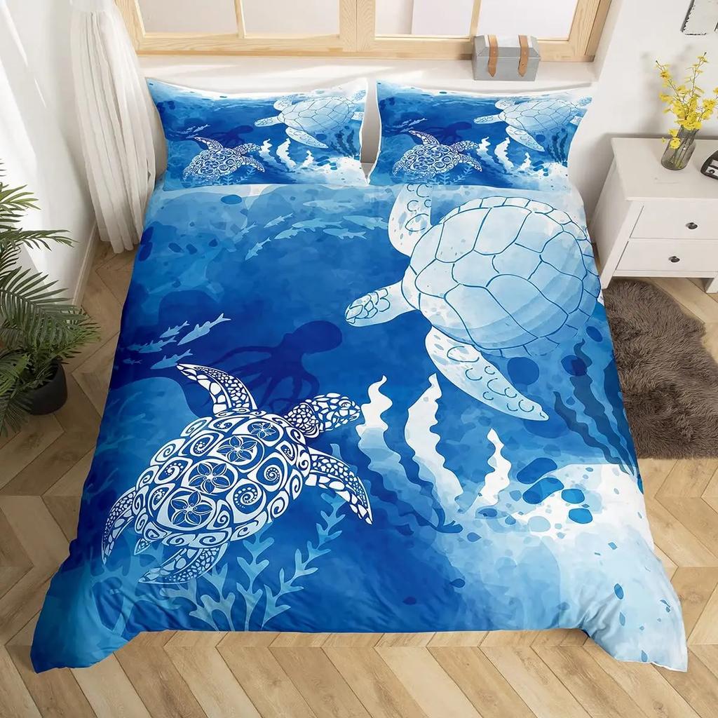 Turtle Bedding Set Nautical Coastal Duvet Cover White Blue Sea Comforter Cover Reptile Tortoise Animal Polyester Quilt Cover