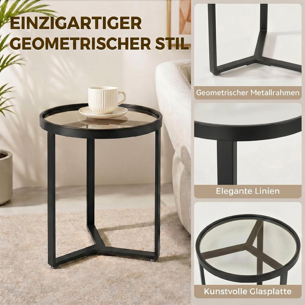 Round Side Table with Tempered Glass Top and Geometric Metal Frame for Small Space, Black