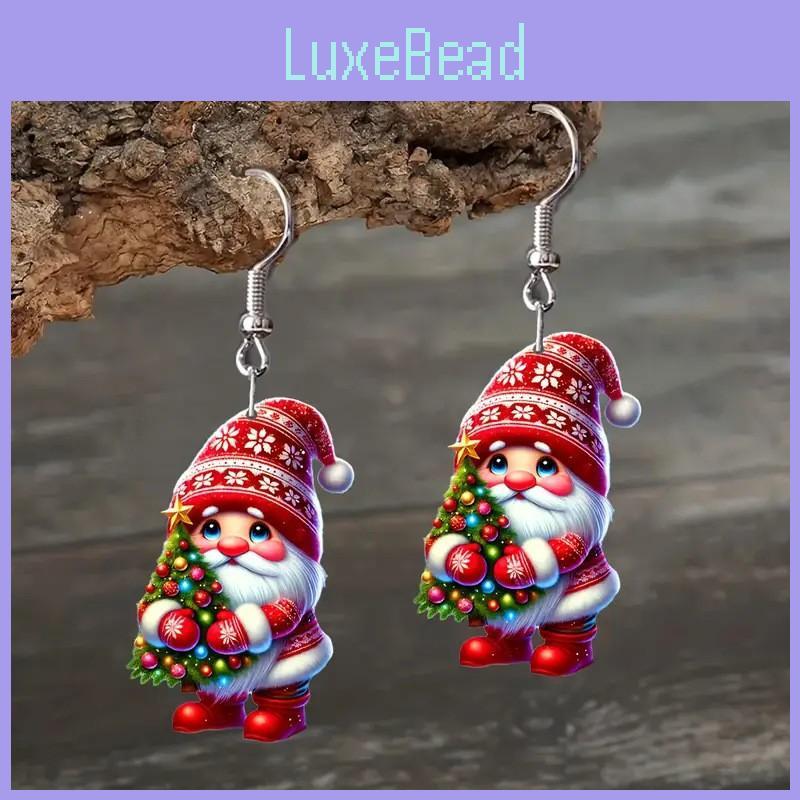 Christmas Themed Santa Claus Holding Tree Pattern Women Acrylic Earrings For Festive Holiday Party Wear