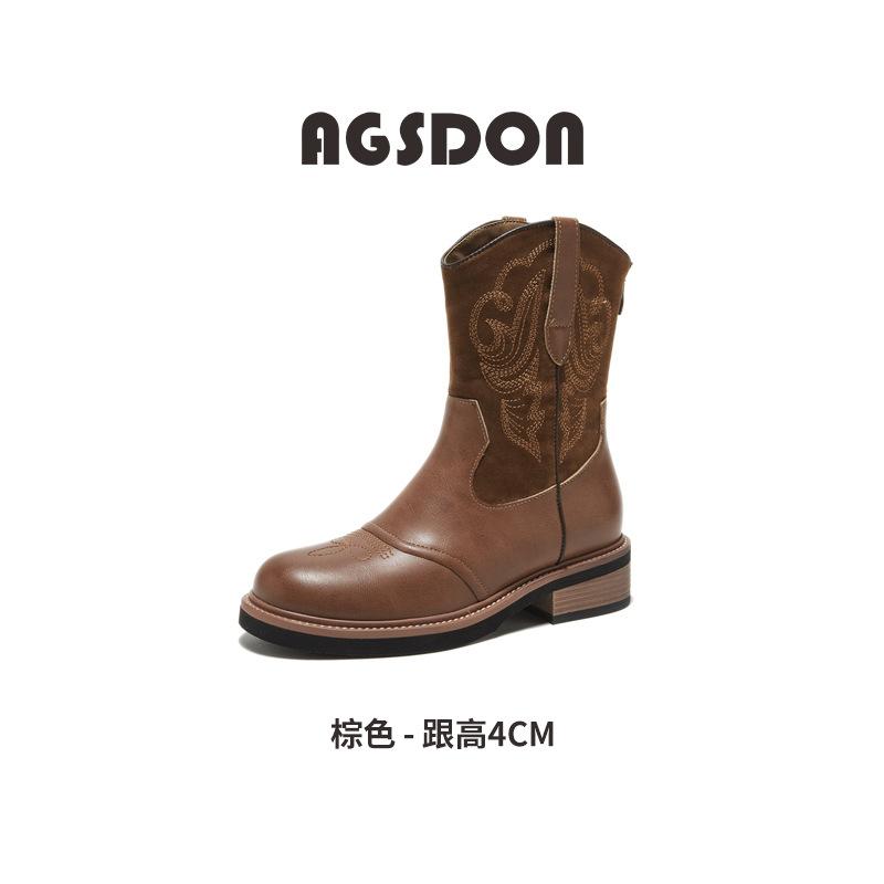 Ethnic style western cowboy boots new autumn and winter Maillard brown medium tube Martin boots