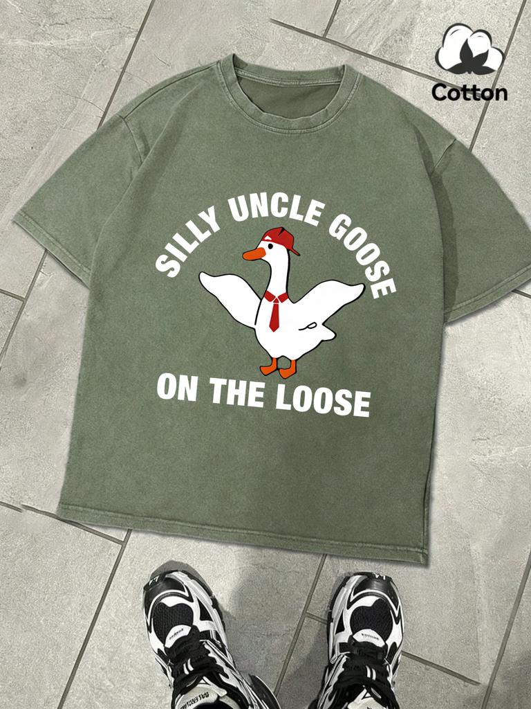Silly Uncle Goose On The Loose Design Washed T Shirt Men Summer Loose Tops Soft Cotton Fashion Short Sleeve Unisex Retro Tee