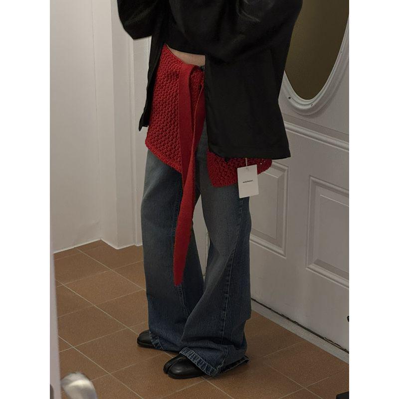 Women's 2025 Summer Black Lace-up Knit Mini Skirt with Hollow-out Design