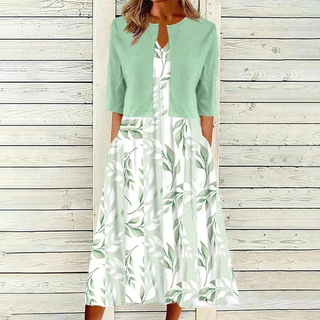High Quality Women Summer Floral Print Two Piece Dress Set Short Sleeve Outfits