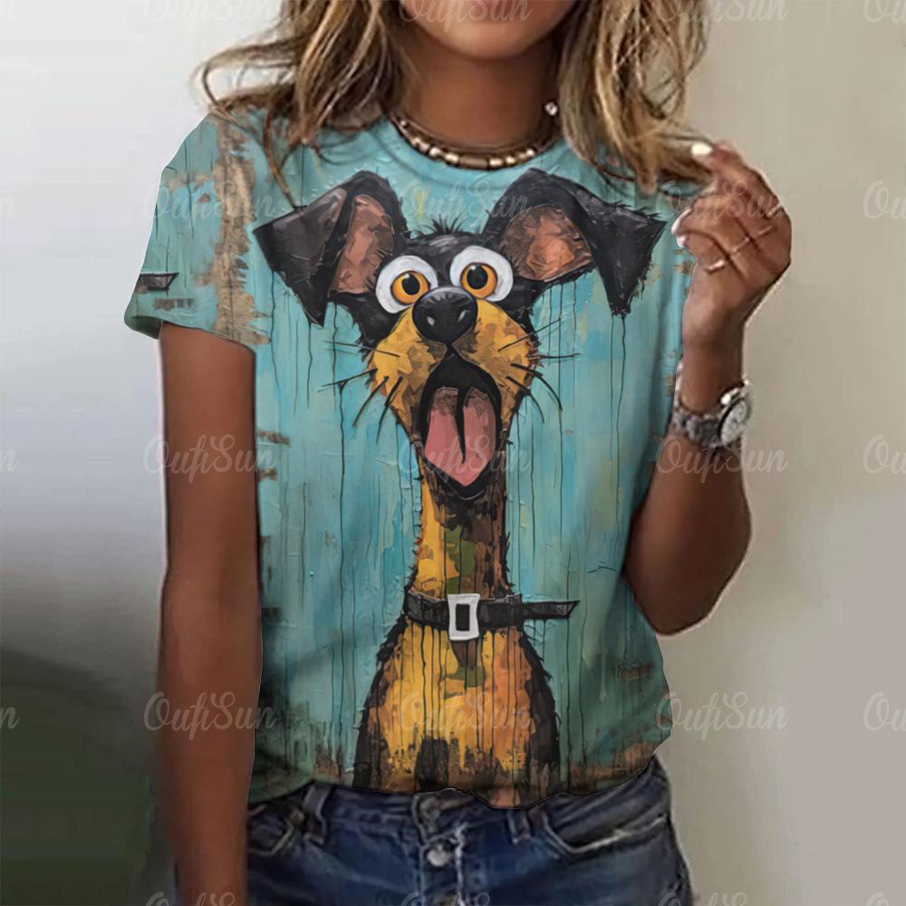 

Женская свободная футболка с дышащим круглым вырезом и короткими рукавами, модные футболки с 3D-цифровой печатью, милые топы с изображением забавных животных из мультфильмов 6XL