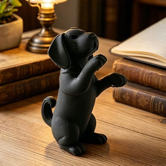 3D Printed Cute Dog Figurine Funny Puppy Sculpture Desktop Small Black Dog Ornament for Shelf Desk Home Office Decor