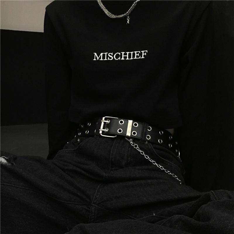 Belt Women Korean Instagraphs Retro Personality Black Double-breasted Metal Chain Embellished with Everything Punk Belt