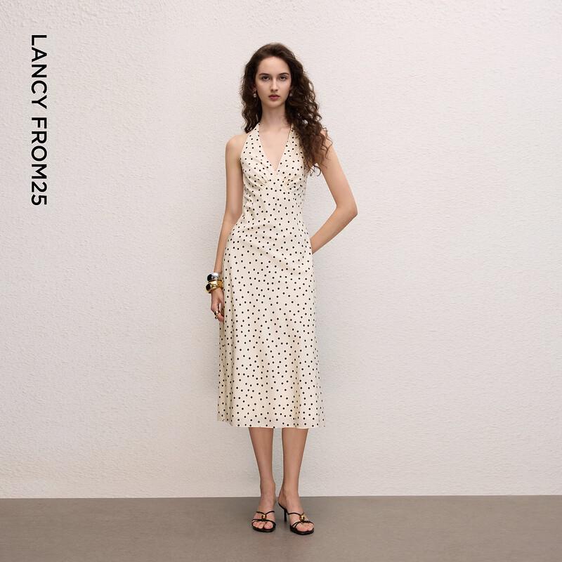 LANGZI 25 Mulberry Silk Polka Dot Halter V-Neck Sleeveless Maxi Dress