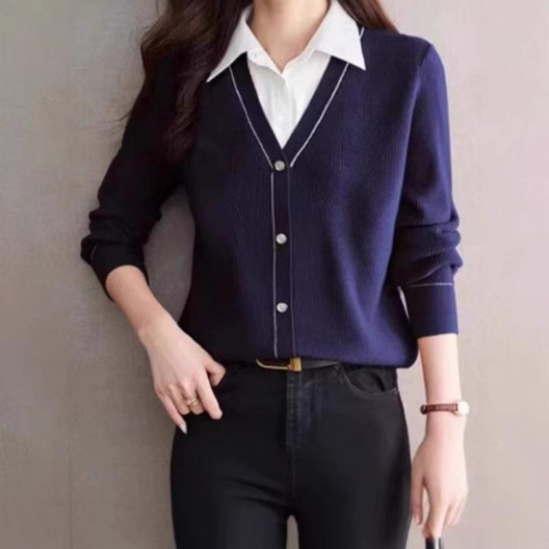 Fake two-piece knitted t-shirt women's long-sleeved autumn new shirt collar contrasting color splicing thin casual top spring