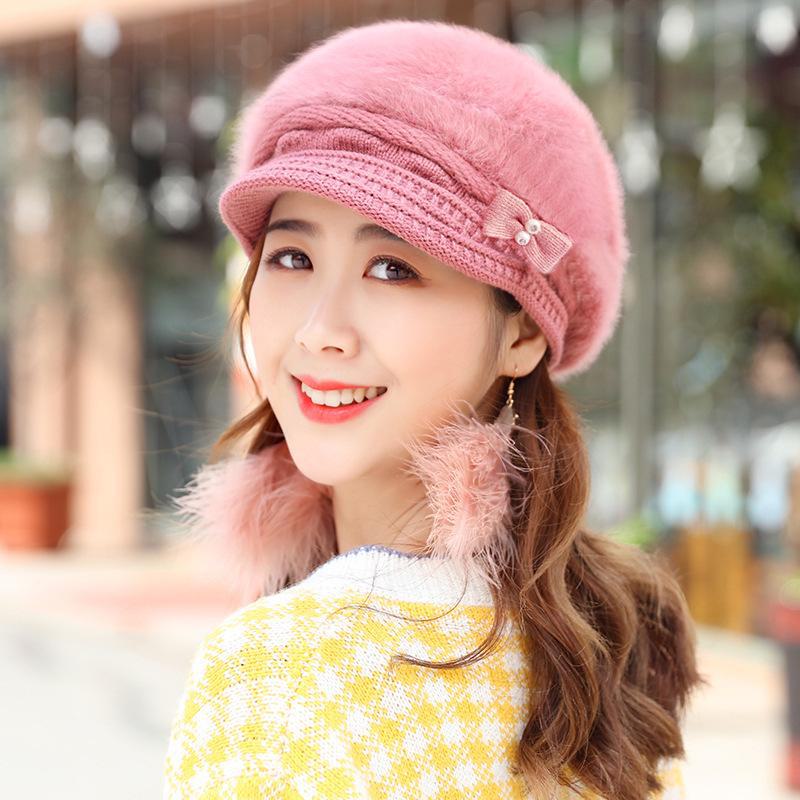 Women's Autumn/Winter Rabbit Fur Ear Protection Warm Hat with Thick Knit and Duckbill Design