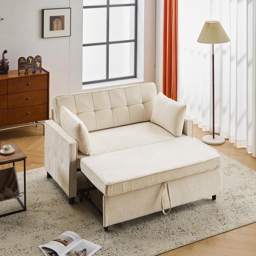 Sofabett mit Schlaffunktion, ausziehbar Schlafsofa Zweisitzer mit verstellbare Rückenlehne, Chenille-Stoff, mit komfortable Kissen, Beige