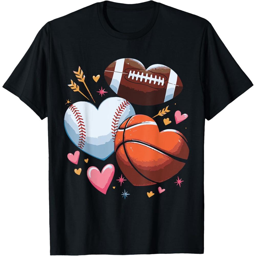 Heart Football Basketball Baseball Valentines Day Boys Mens Cotton Men T Shirt 4XL чёрный