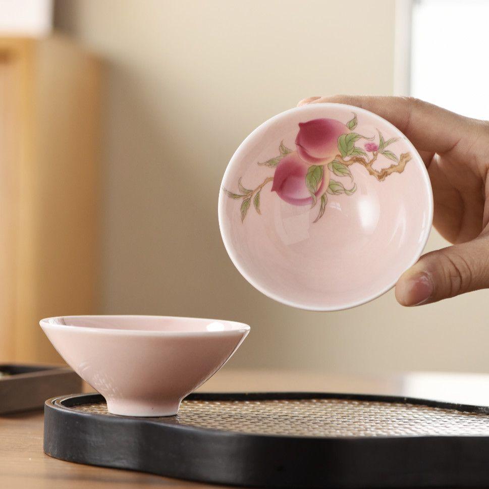 Peach Blossom Conical Cup - Hand-Painted Ceramic Tea/Sake Chalice, Pink Vintage Tableware Set for Home, Japanese Style Dishware