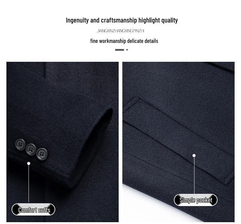 Men's Single-Breasted Stand-Collar Wool Gabardine Trench Coat - Business Casual Long Jacket