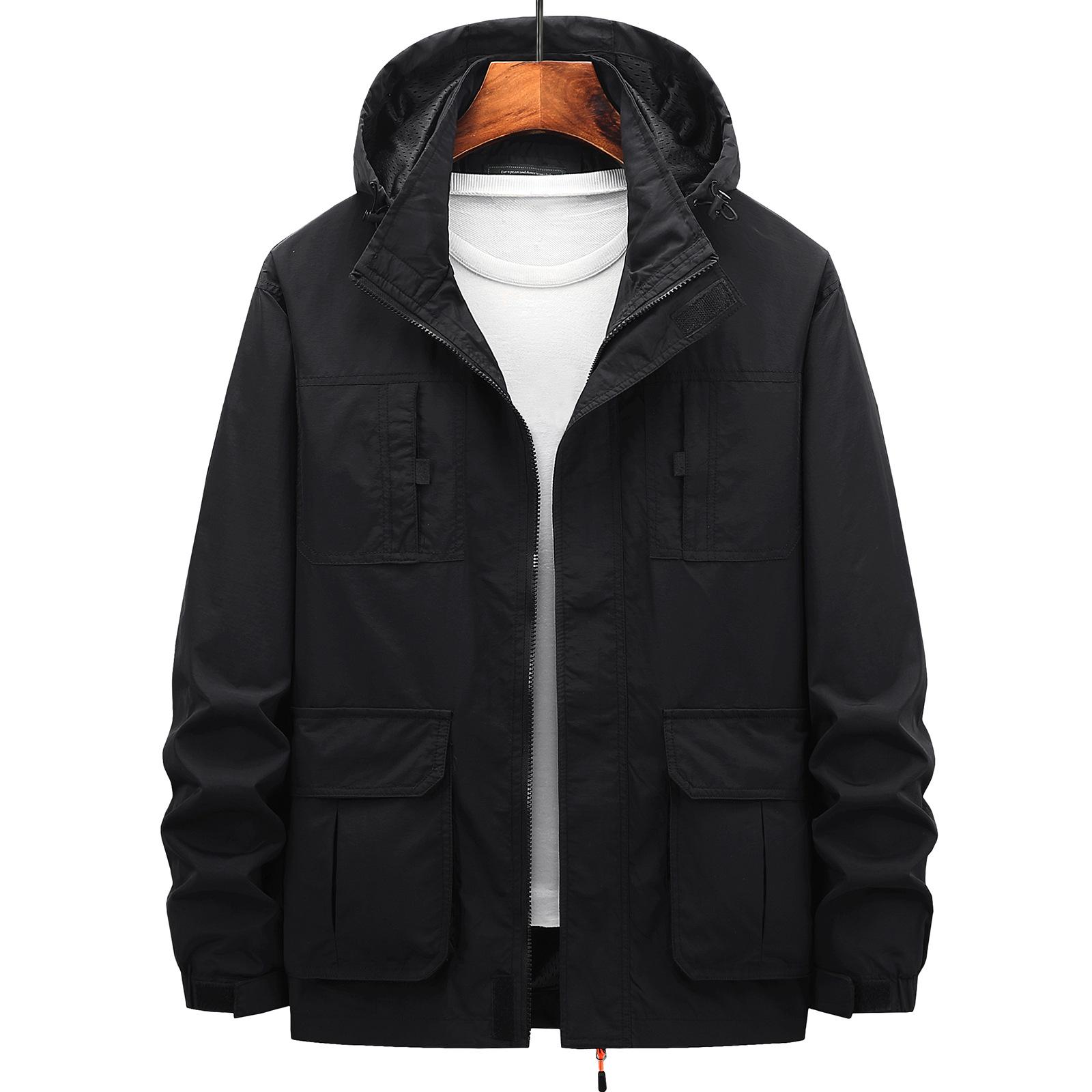 

Men s Spring and Autumn Men s Jacket Casual Stand Collar Loose Jacket Multi-Pocket Removable Cap Outdoor Shock Clothes 5XL