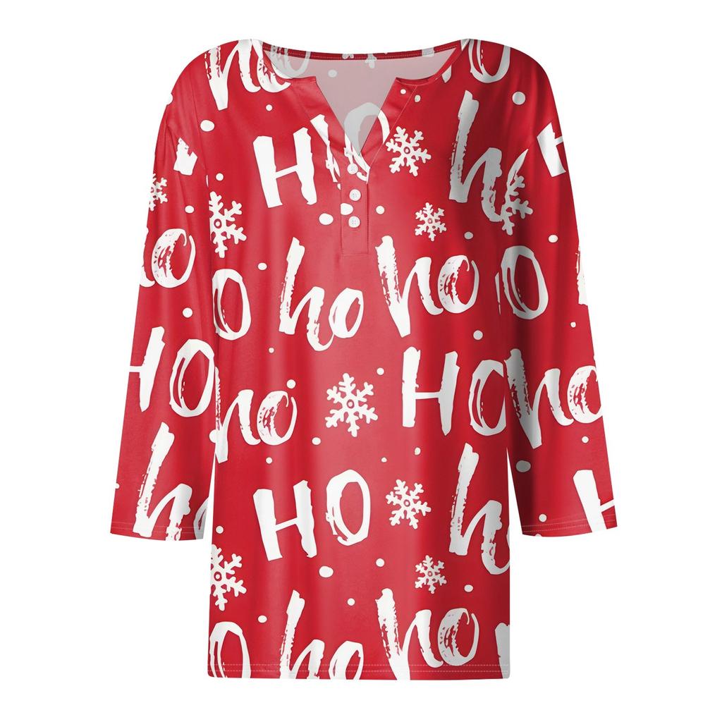 Dámské tričko Tričko Vánoční potisk Tlačítko 3/4 rukáv Denní víkend Móda Basic s výstřihem do V Regular Top