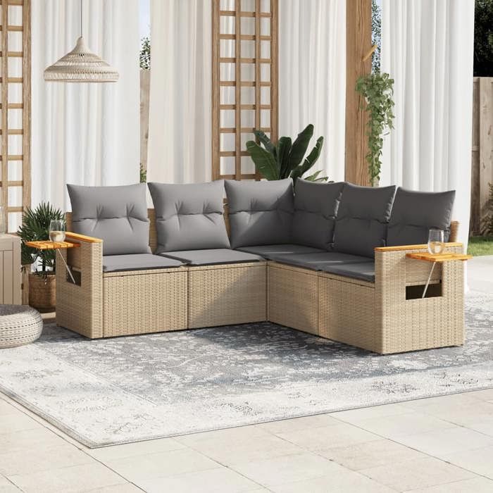 VidaXL Salon de Jardin avec Coussins 5 pcs, Canapés de Terrasse, Ensemble de Meubles de Patio, Mobilier d'Extérieur, Beige 3259203
