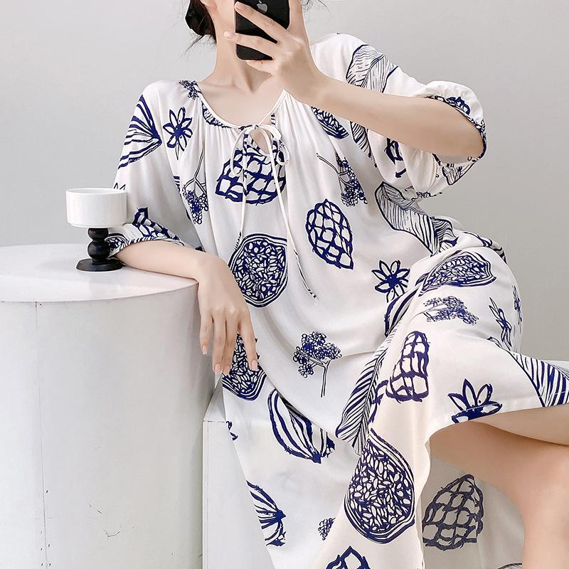 1011 new cotton and silk nightdress women's summer short-sleeved pajamas cartoon pony element long loose cotton silk skirt can be worn outside