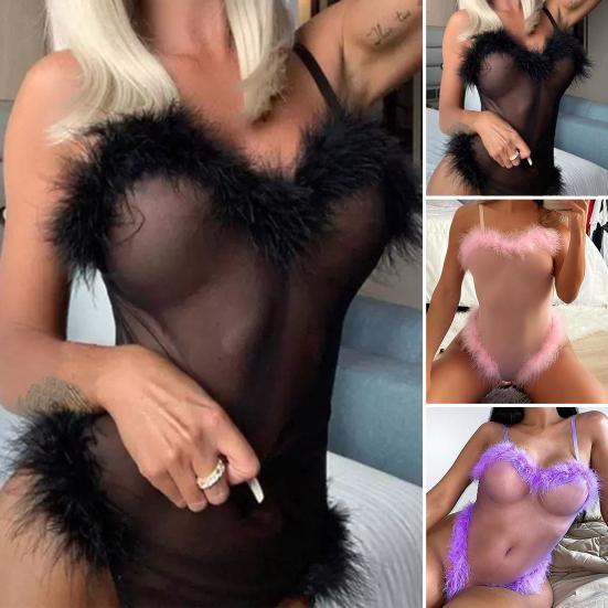 Body do nočního klubu Průhledná síťovina Skinny Bez rukávů Sexy Perspective Slim Fit Ultra tenký Fluffy