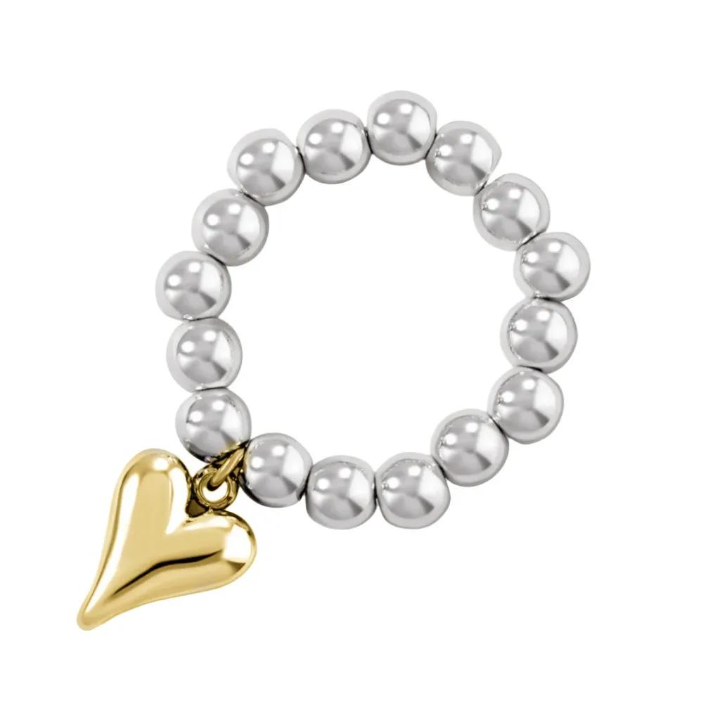 Vintage Handmade Love Heart Pendant Beaded Elastic String Rings for Women Girl Silver Color Bead Adjustable Ring Jewelry