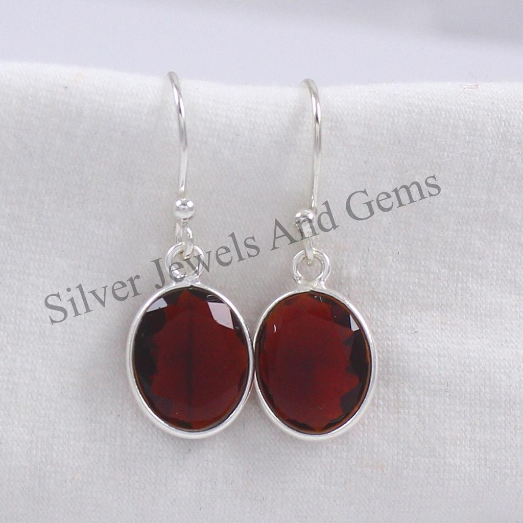 Oval Garnet Earrings: 925 Sterling Silver Bezel Earring