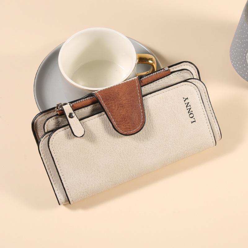 Women Long Wallet Money Clip PU Leather 3 Fold Women's Wallets Clutch Color Blocking Retro Coin Purse Card Holder