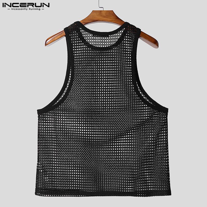 INCERUN Men Sleeveless Mesh Sheer Hollow Casual Beach Tank Tops Cover Up