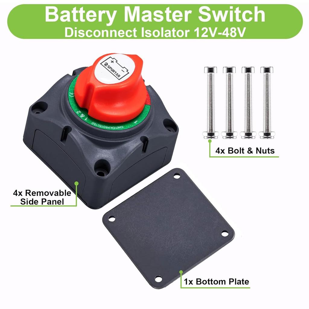 Spurtar Car Battery Disconnect Switch 12V 24V 48V 1-2-Both-Off Battery Kill Switch Power Cut Off Shut Off Waterproof Isolator For Marine Boat Car ATV