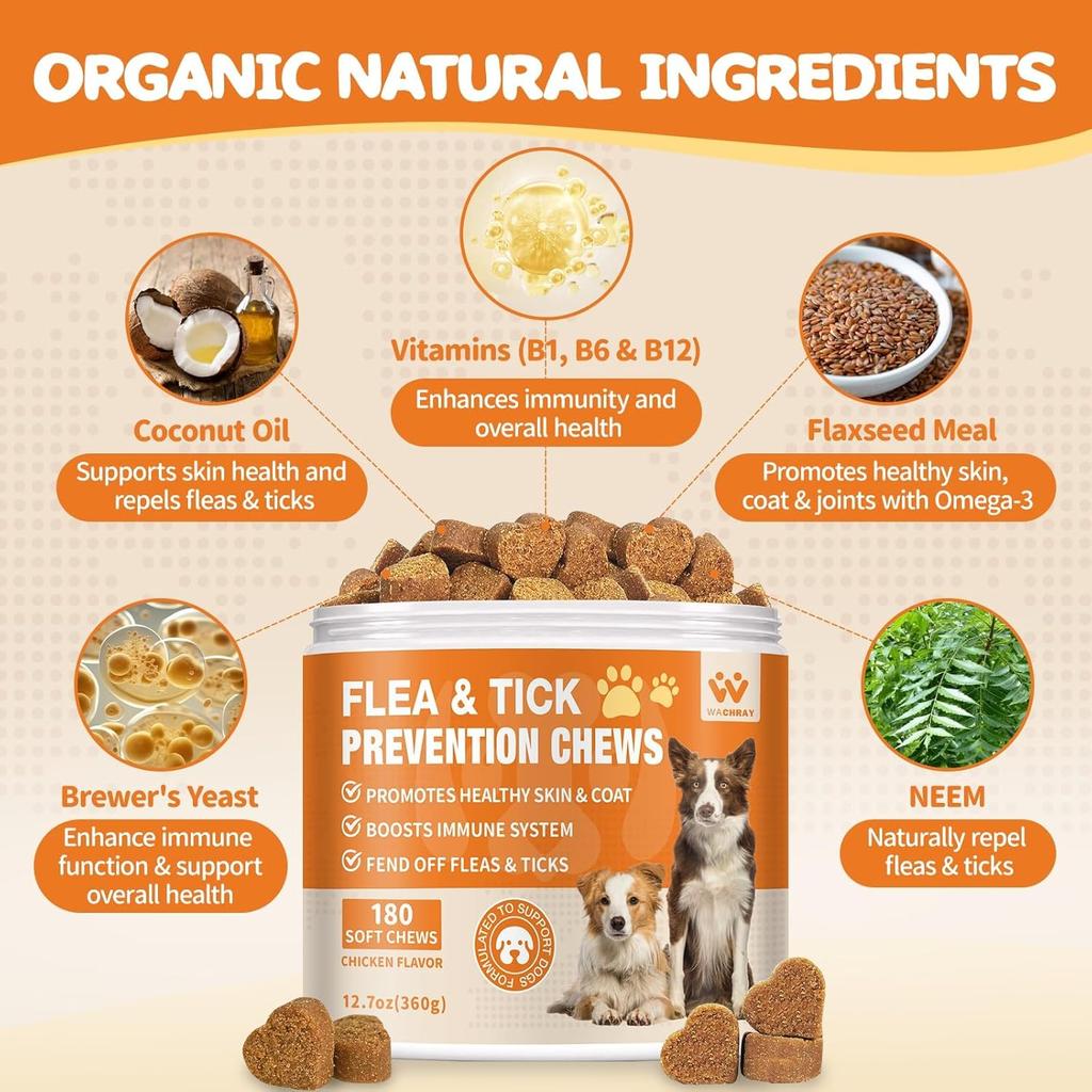 Flea and Tick Prevention for Dogs Chewables - Natural Dog Flea and Tick Treatment Chewable - Oral Flea Supplement for Dogs - Puppy Flea Support - All