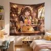 Cat Cafe Maid Dessert Master Tapestry Healing Series Warm Light Cat Girl Cafe Printed Hanging Cloth Anime Room Decor