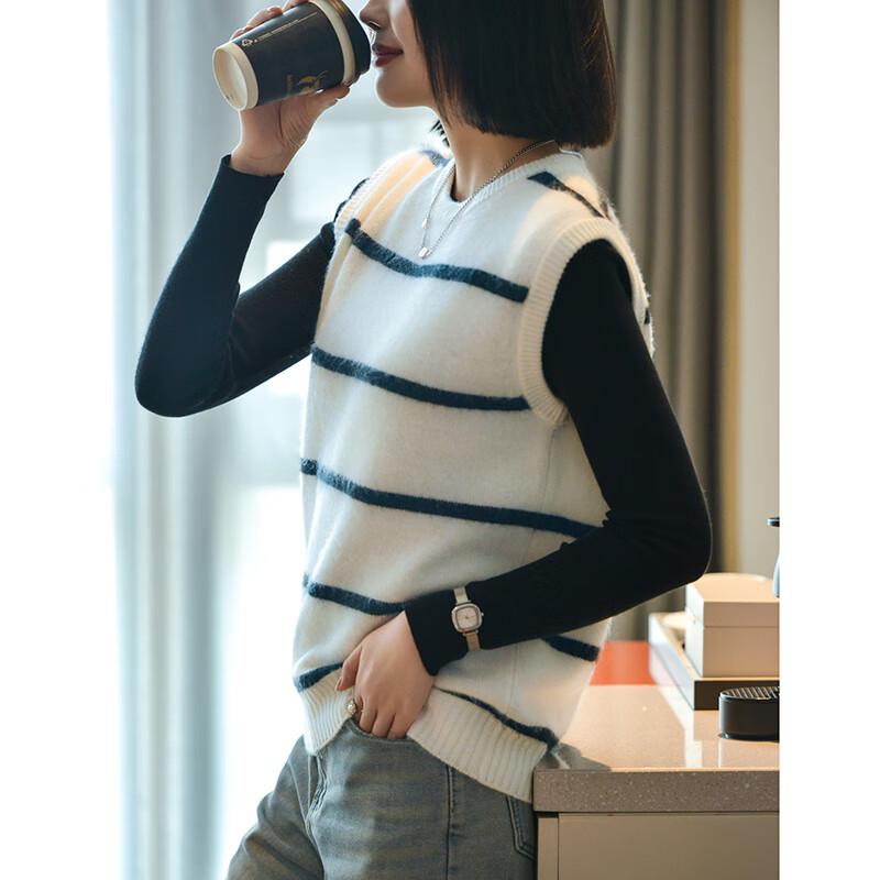 Fanzhen Women's 100% Wool Striped Sleeveless Knit Vest
