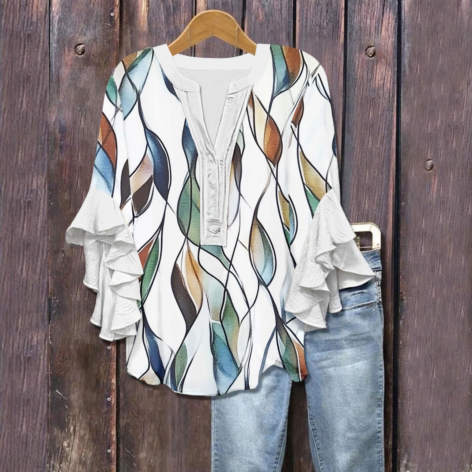 

Women s Summer Tops V Neck Three-quarter Sleeves Floral Print Flowing Ruffle Sleeves Half-button Shirt M білий
