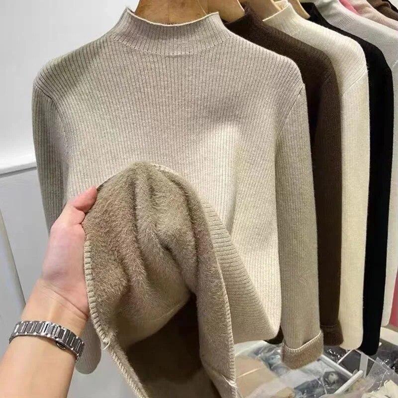 Plush Thicken Knitwear Women's Half High Neck Sweater Slim Top Warm Base Shirt Commuting Simple Casual Autumn Winter Pull Jumper