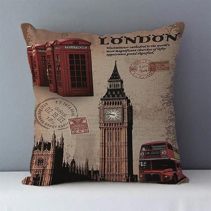 Retro cozy couch cushion cover home decorative pillows London  scenic printed square  pillowcase seat back cushions