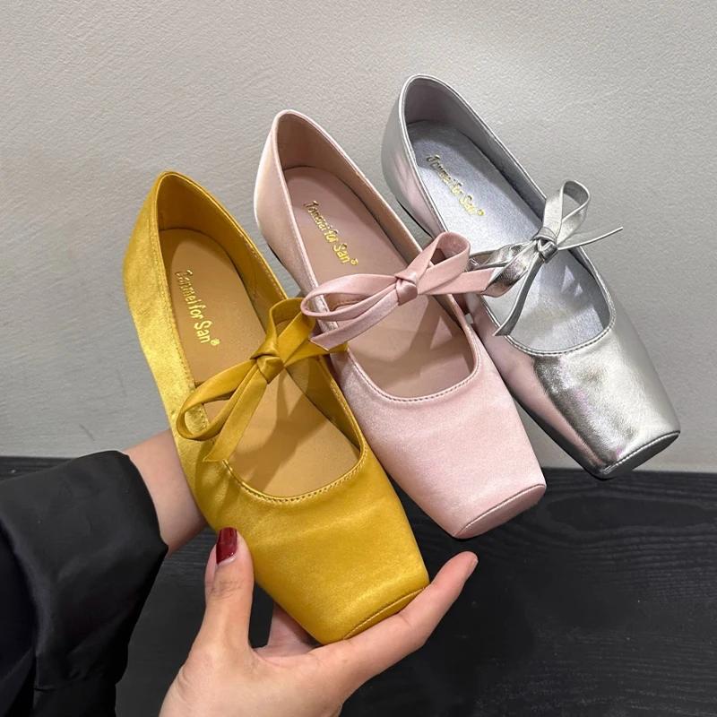 Fashion Women Ballet Dance Flats Shoes Square Toe Bow Shallow Woman Sandals New Summer 2025 Designer Dress Cozy Sport Chaussure Femme
