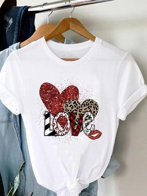 (Asian Size) Leopard Love Heart Valentine Women Short Sleeve Fashion Print Lady Tee Top Clothing Casual Tshirt Female Graphic T-shirts